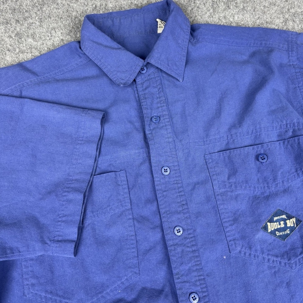 Vintage Bugle Boy Shirt Mens Medium Blue Button Down Short Sleeve Logo‎ 90's EUC
